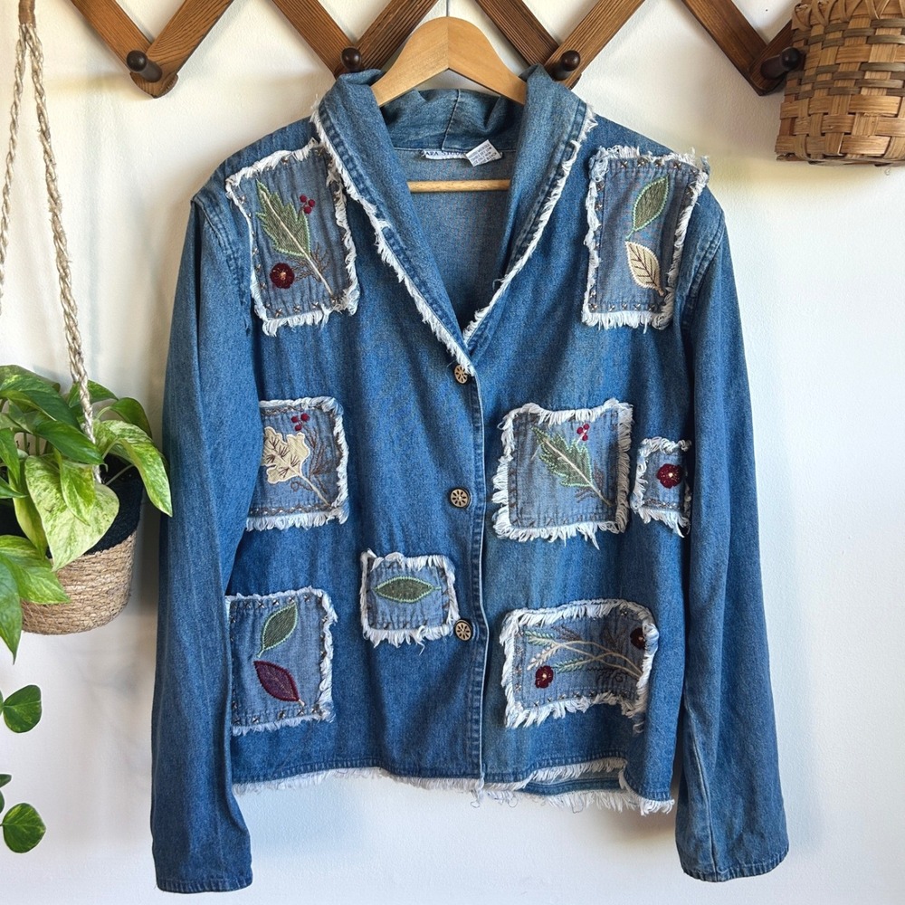 Vintage Studio Blue Denim Patchwork Jacket Embroidered Floral Fall Leaf Boho